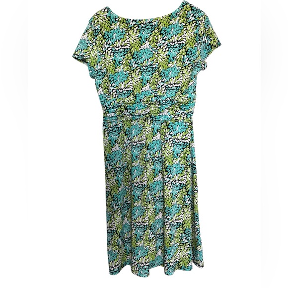 Studio I Green and Blue Leaf Print Cap Sleeve Dress Spring Office Flowy Sz 16 - Picture 3 of 11
